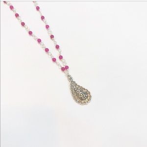 NEW PINK QUARTZITE & SILVER PAISLEY NECKLACE
